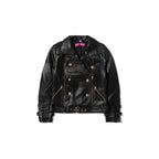 Black Buttoned Leather Jacket for Women with Long Sleeves – Regular Fit