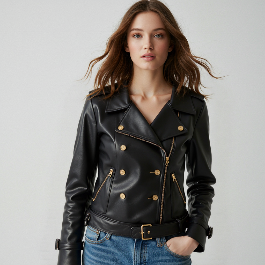 Black Buttoned Leather Jacket for Women with Long Sleeves – Regular Fit