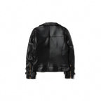Black Buttoned Leather Jacket for Women with Long Sleeves – Regular Fit