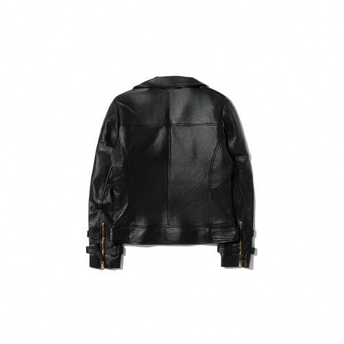 Black Buttoned Leather Jacket for Women with Long Sleeves – Regular Fit